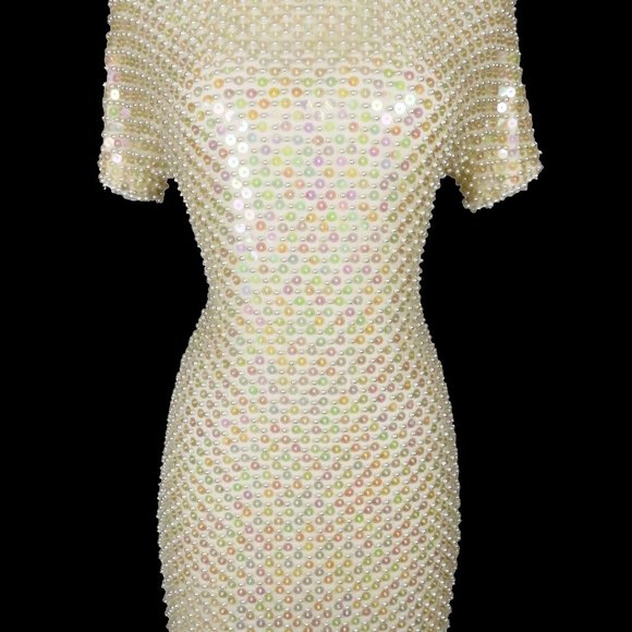 Vintage 80s Pearl Heavily Beaded Cocktail Party Prom Trophy Sheath Dress  S M - Picture 2 of 16
